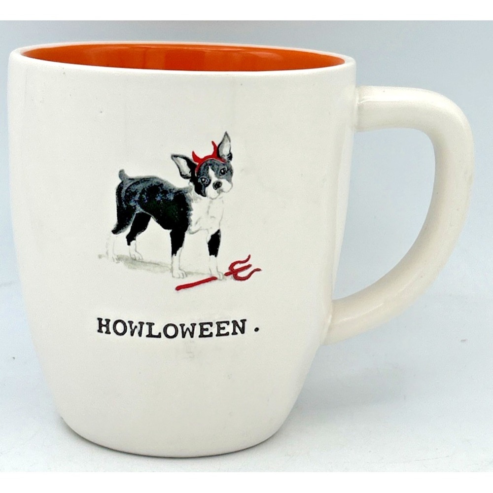 Rae Dunn Magenta HOWLOWEEN Devil Dog Boston Terrier Halloween Coffee Mug NWOT